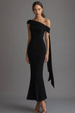 Crepe One Shoulder Guaina Abito Cravatta Nera