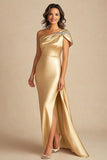 Oro Una Spalla Raso Guaina Lunga Madre Del Vestito Da Sposa