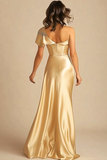 Oro Una Spalla Raso Guaina Lunga Madre Del Vestito Da Sposa