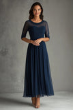 Navy Tulle A Line Mezze Maniche Plissettato Lungo Madre Del Vestito Della Sposa