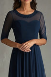 Navy Tulle A Line Mezze Maniche Plissettato Lungo Madre Del Vestito Della Sposa