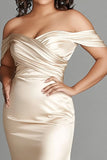 Off The Shoulder Champagne guaina raso taglie forti madre del vestito da sposa