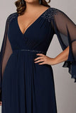 Navy A Line V-Neck Chiffon Lace Plus Size Madre del Vestito Da Sposa