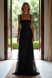 Sparkly nero una linea di spaghetti spalline lungo abito da ballo con paillettes