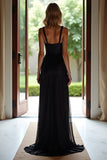 Sparkly nero una linea di spaghetti spalline lungo abito da ballo con paillettes