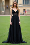 Nero A Line Spaghetti Straps Abito lungo da ballo con applicazioni in pizzo
