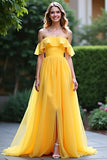 Giallo A Line Off La Spalla Ruffled Abito Da Ballo Lungo Con Fessura