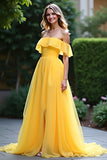 Giallo A Line Off La Spalla Ruffled Abito Da Ballo Lungo Con Fessura