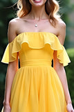 Giallo A Line Off La Spalla Ruffled Abito Da Ballo Lungo Con Fessura