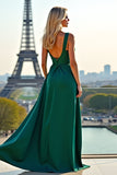 Una linea verde scuro Spaghetti Straps lungo Abito da Cerimonia con fessura