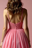 Sparkly Pink A Line Spaghetti Straps paillettes lungo Abito da Cerimonia