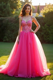 Sparkly fucsia una linea di spaghetti spalline lungo tulle abito da ballo con paillettes
