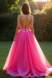 Sparkly fucsia una linea di spaghetti spalline lungo tulle abito da ballo con paillettes