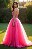 Sparkly fucsia una linea di spaghetti spalline lungo tulle abito da ballo con paillettes