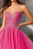 Sparkly Fucsia A Line senza spalline paillettes lungo Abito da Cerimonia con fessura