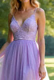 Scintillante Lilla Una Linea Spaghetti Straps Pizzo Abito Lungo Da Ballo Con Fessura