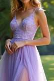 Scintillante Lilla Una Linea Spaghetti Straps Pizzo Abito Lungo Da Ballo Con Fessura