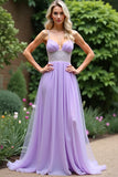 Sparkly Lilac A Line Beaded Spaghetti Straps Tulle Abito da ballo lungo
