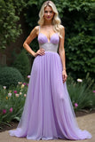 Sparkly Lilac A Line Beaded Spaghetti Straps Tulle Abito da ballo lungo