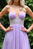 Sparkly Lilac A Line Beaded Spaghetti Straps Tulle Abito da ballo lungo
