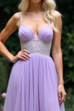 Sparkly Lilac A Line Beaded Spaghetti Straps Tulle Abito da ballo lungo