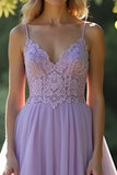 Lilla A Line Spaghetti Straps Abito lungo da ballo con applicazioni in pizzo