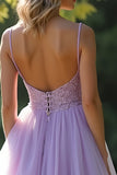 Lilla A Line Spaghetti Straps Abito lungo da ballo con applicazioni in pizzo