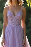 Lilla A Line Spaghetti Straps Abito lungo da ballo con applicazioni in pizzo