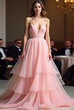 Sparkly Pink A Line Spaghetti Straps paillettes lungo Abito da Cerimonia con volant