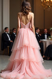 Sparkly Pink A Line Spaghetti Straps paillettes lungo Abito da Cerimonia con volant