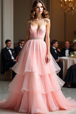 Sparkly Pink A Line Spaghetti Straps paillettes lungo Abito da Cerimonia con volant