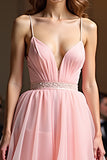 Sparkly Pink A Line Spaghetti Straps paillettes lungo Abito da Cerimonia con volant
