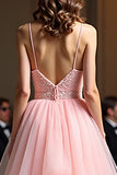 Sparkly Pink A Line Spaghetti Straps paillettes lungo Abito da Cerimonia con volant