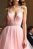 Sparkly Pink A Line Spaghetti Straps paillettes lungo Abito da Cerimonia con volant