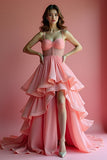 Sparkly Pink A Line Spaghetti Straps Ruffle Abito da ballo lungo con paillettes