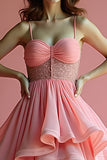 Sparkly Pink A Line Spaghetti Straps Ruffle Abito da ballo lungo con paillettes