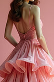 Sparkly Pink A Line Spaghetti Straps Ruffle Abito da ballo lungo con paillettes