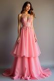 Scintillante rosa paillettes una linea arruffato lungo abito da ballo con pizzo