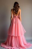 Scintillante rosa paillettes una linea arruffato lungo abito da ballo con pizzo