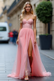 Sparkly Pink A Line corsetto senza spalline Abito da ballo lungo con fessura