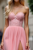 Sparkly Pink A Line corsetto senza spalline Abito da ballo lungo con fessura