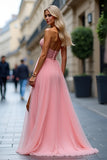 Sparkly Pink A Line corsetto senza spalline Abito da ballo lungo con fessura