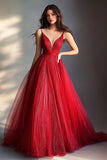 Sparkly rosso una linea di spaghetti spalline lungo abito da ballo con paillettes