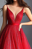 Sparkly rosso una linea di spaghetti spalline lungo abito da ballo con paillettes