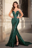 Scintillante guaina verde scuro paillettes lungo abito da ballo con fessura