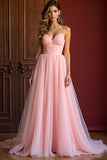 Elegante rosa una linea di spaghetti spalline lungo tulle Abito da Cerimonia