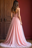 Elegante rosa una linea di spaghetti spalline lungo tulle Abito da Cerimonia