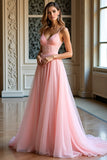 Elegante rosa una linea di spaghetti spalline lungo tulle Abito da Cerimonia