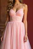 Elegante rosa una linea di spaghetti spalline lungo tulle Abito da Cerimonia