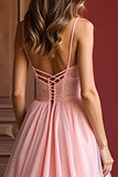 Elegante rosa una linea di spaghetti spalline lungo tulle Abito da Cerimonia